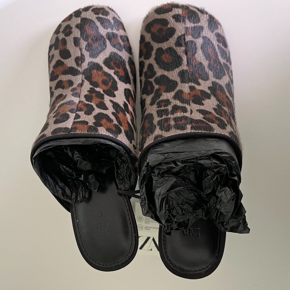 Zara 100% Leather Mules Animal Leopard Print Square Toe 2.8in Heel Sz 7.5 Summer - Picture 9 of 11